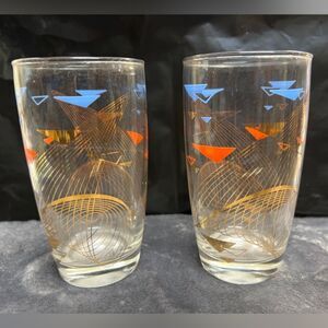 Vintage Anchor Hocking Boomerang Glass Tumblers – Red, Blue & Gold Swirl –  2